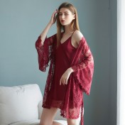 新款冰絲吊帶睡裙蕾絲性感睡袍兩件套絲質睡衣女士性感家居服 LCBN