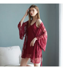 新款冰絲吊帶睡裙蕾絲性感睡袍兩件套絲質睡衣女士性感家居服 LCBN