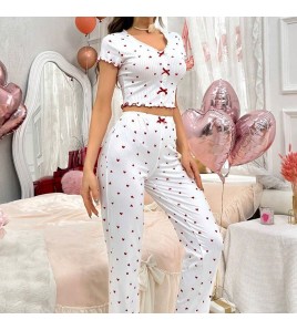 新款歐美家居服睡衣長袖長褲修身性感花邊雙長套裝Pajamas LCBN