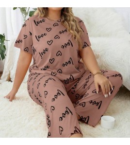 歐美風大碼家居服加大加肥愛心圓領短袖長褲女式睡衣套裝 LCBN