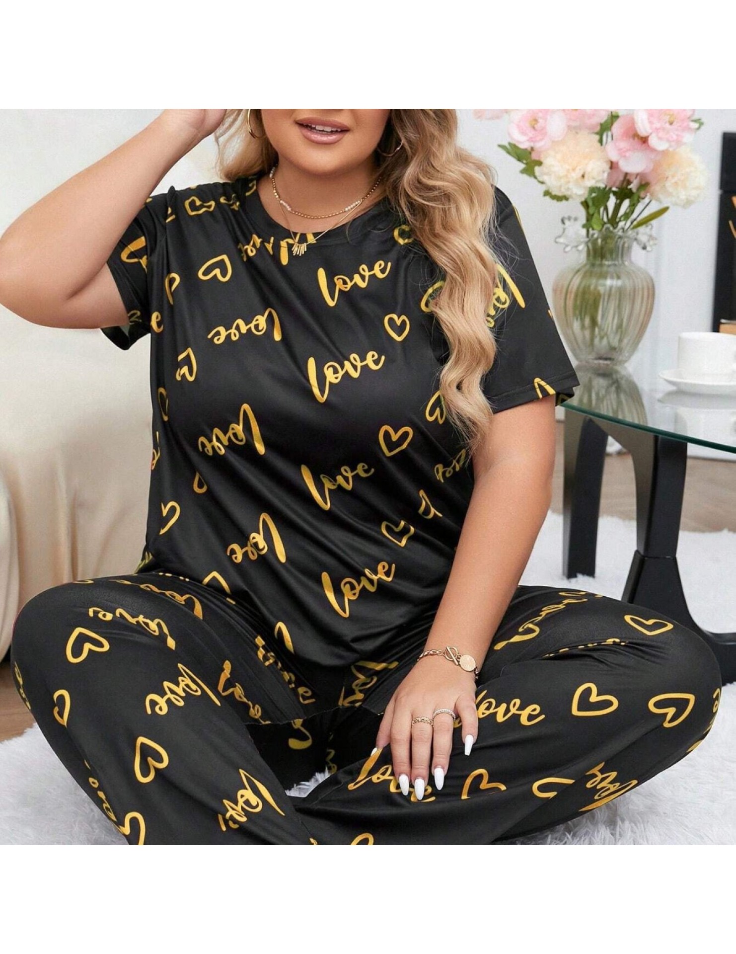 歐美風大碼家居服加大加肥愛心圓領短袖長褲女式睡衣套裝 LCBN