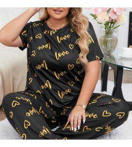 歐美風大碼家居服加大加肥愛心圓領短袖長褲女式睡衣套裝 LCBN