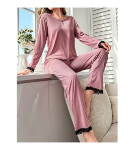 歐美睡衣女四季新款長褲長袖公主風蕾絲花邊純色家居服套裝 LCBN