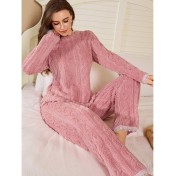 珊瑚絨提花睡衣套裝女冬季純色加厚寬松休閑保暖粉色家居服兩件套 LCBN