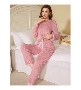 珊瑚絨提花睡衣套裝女冬季純色加厚寬松休閑保暖粉色家居服兩件套 LCBN