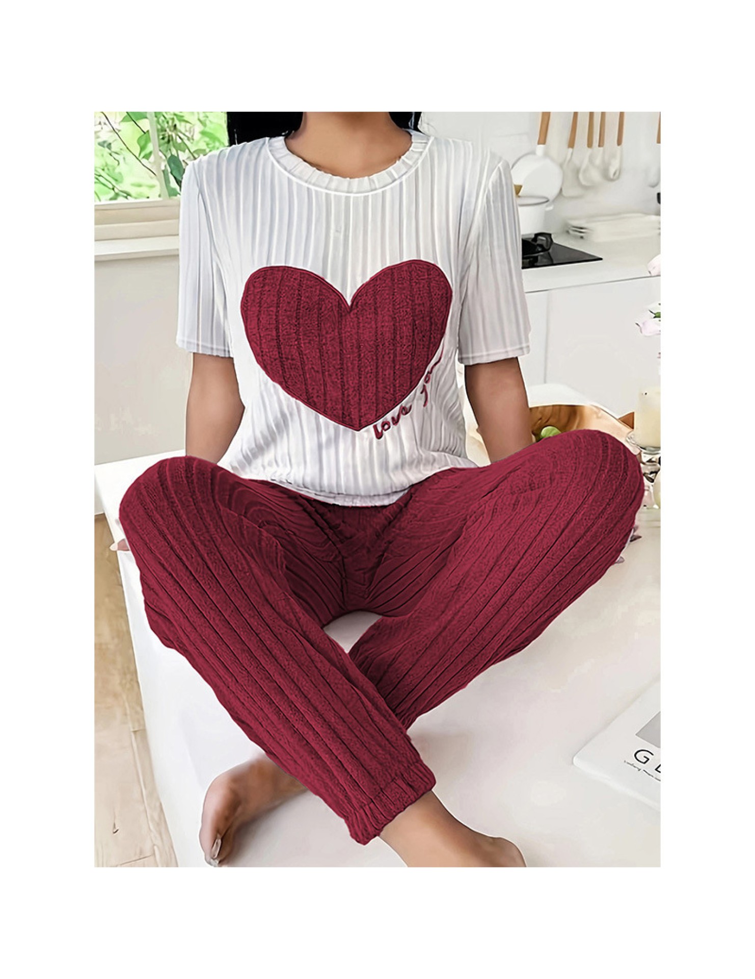 甜美愛心睡衣女套裝秋季新款氣質圓領短袖長褲兩件套舒適家居服潮 LCBN