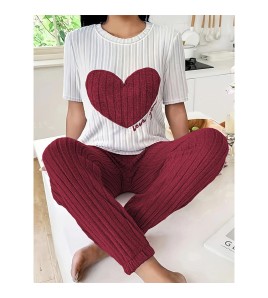 甜美愛心睡衣女套裝秋季新款氣質圓領短袖長褲兩件套舒適家居服潮 LCBN