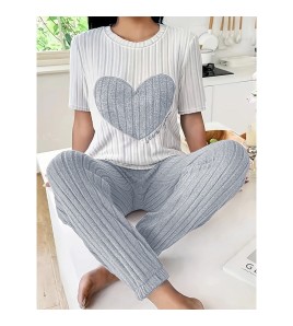 甜美愛心睡衣女套裝秋季新款氣質圓領短袖長褲兩件套舒適家居服潮 LCBN