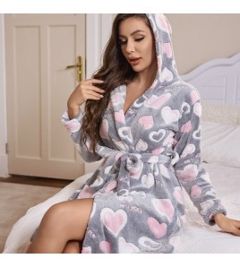 秋冬毛絨絨寬松睡袍長袖雙面絨系帶保暖睡衣家居服晨袍 LCBN