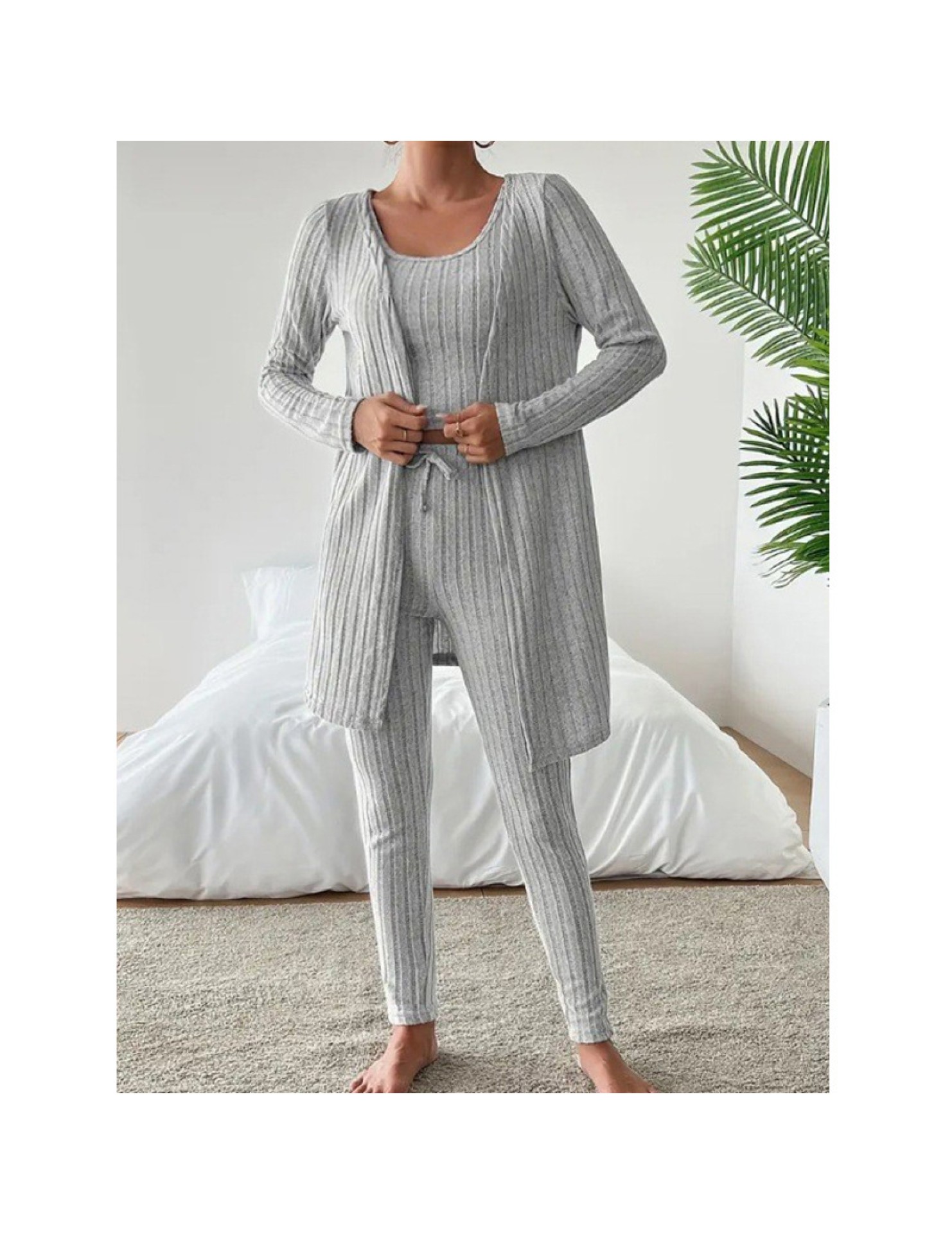 歐美獨立站新款設計感圓領坑條休閑純色女裝三件套 LCBN