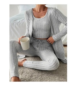 歐美獨立站新款設計感圓領坑條休閑純色女裝三件套 LCBN