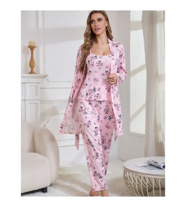 居家睡衣歐美尺寸睡袍長褲吊帶睡裙三件套裝 LCBN