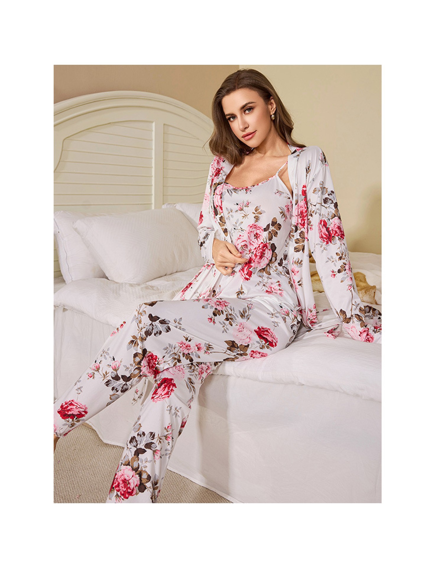 居家睡衣歐美尺寸睡袍長褲吊帶睡裙三件套裝 LCBN