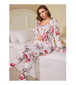 居家睡衣歐美尺寸睡袍長褲吊帶睡裙三件套裝 LCBN