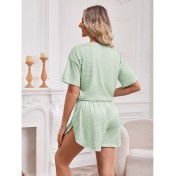 2025 歐美春季新款針織圓領長袖短褲睡衣兩件套條紋透氣女士家居服 LCBN