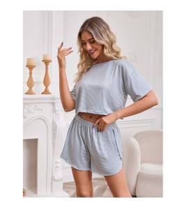 2025 歐美春季新款針織圓領長袖短褲睡衣兩件套條紋透氣女士家居服 LCBN