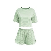 2025 歐美春季新款針織圓領長袖短褲睡衣兩件套條紋透氣女士家居服 LCBN