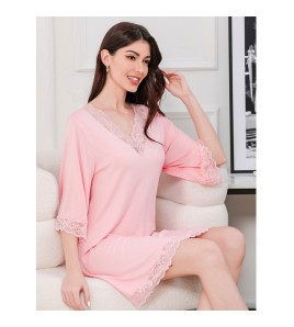 蕾絲性感V領純莫代爾棉居家服睡衣女大碼寬松七分袖睡裙 LCBN