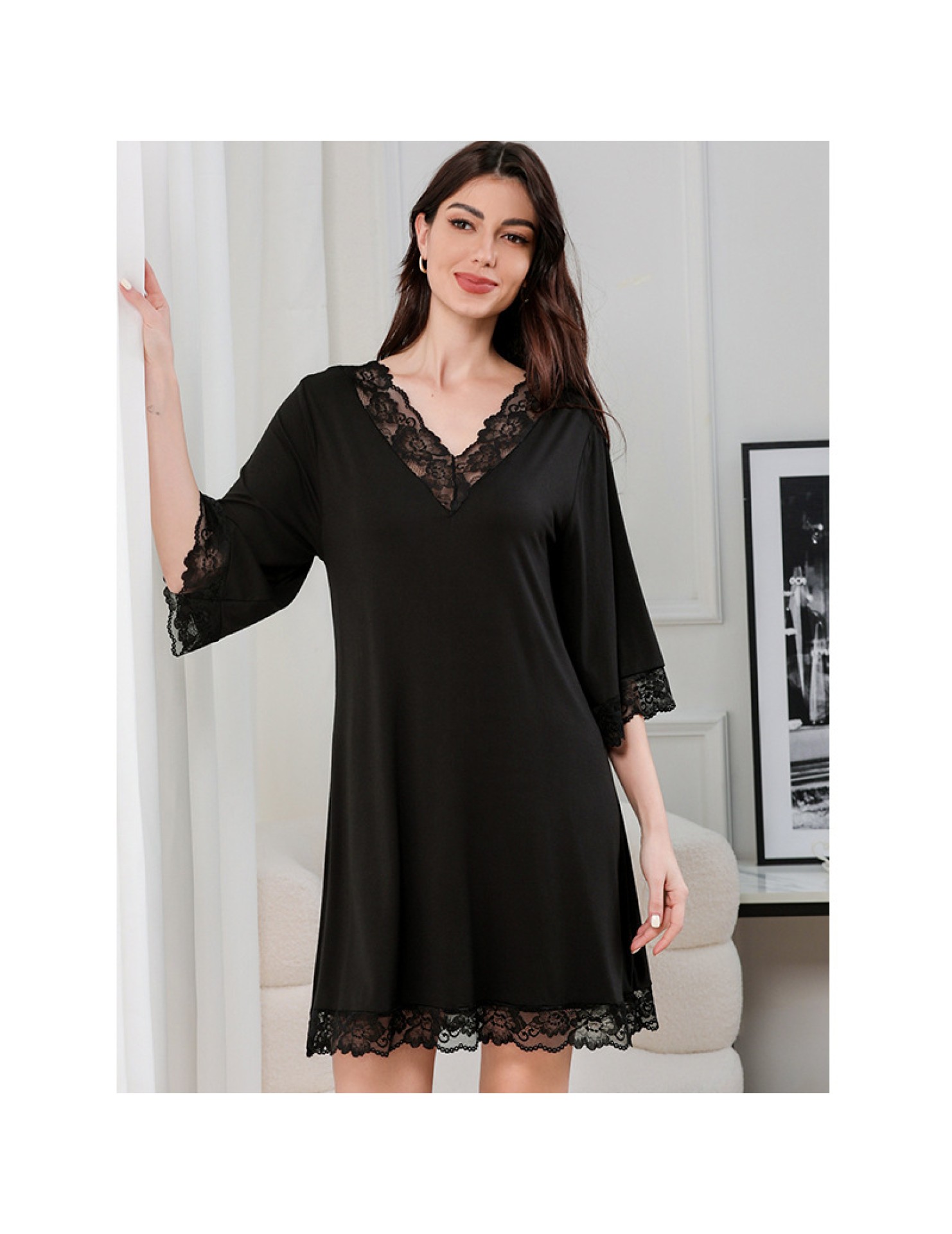 蕾絲性感V領純棉居家服睡衣女款大碼寬松七分袖睡裙 LCBN