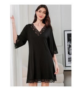 蕾絲性感V領純棉居家服睡衣女款大碼寬松七分袖睡裙 LCBN
