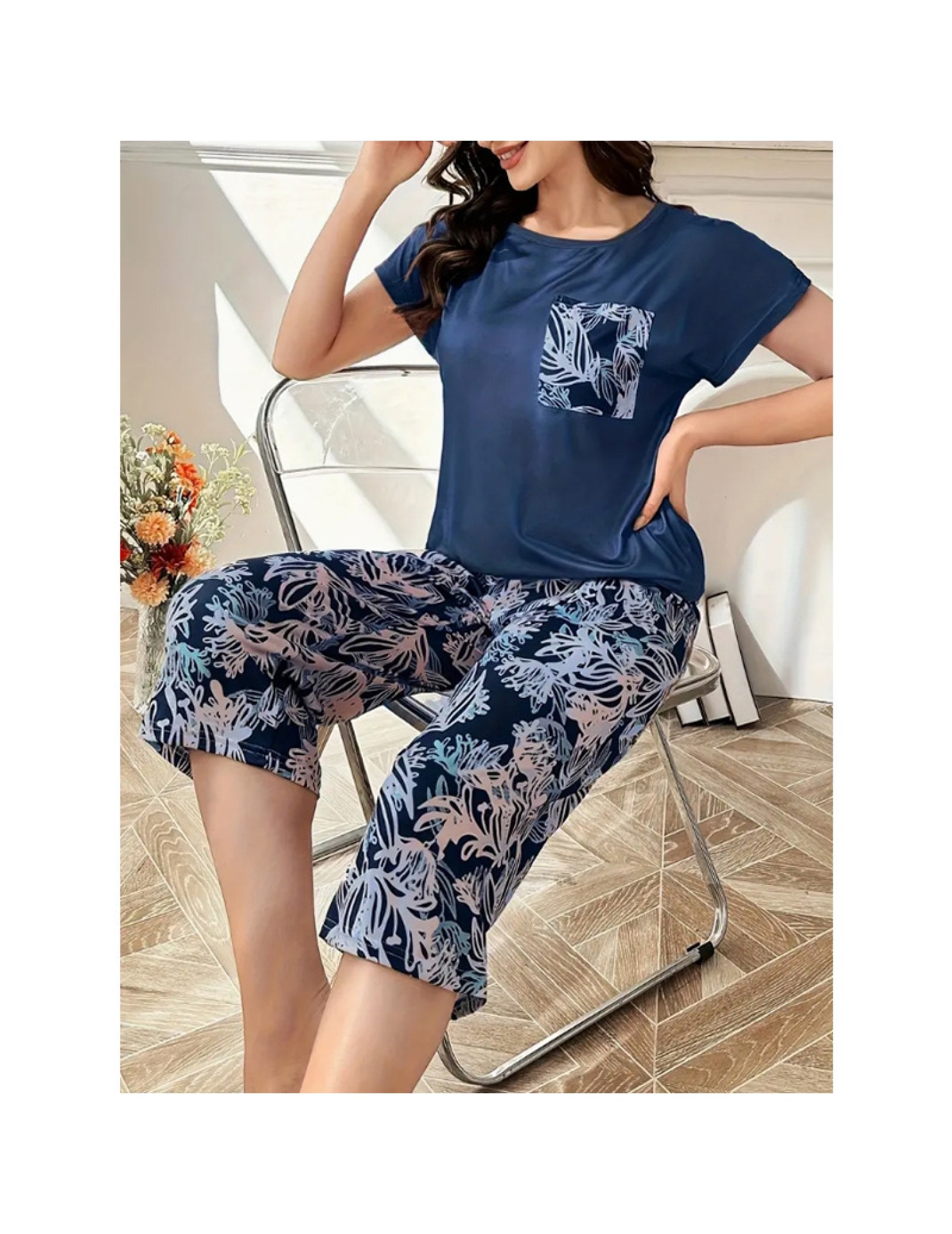 LCBN251225100041 歐美新款四季女士睡衣印花圓領短袖七分褲套裝薄款家居服