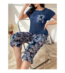 LCBN251225100041 歐美新款四季女士睡衣印花圓領短袖七分褲套裝薄款家居服