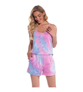 LCBN251225100241 歐美彩色扎染莫代爾棉性感睡衣女吊帶睡裙短袖圓領套裝夏季居家服