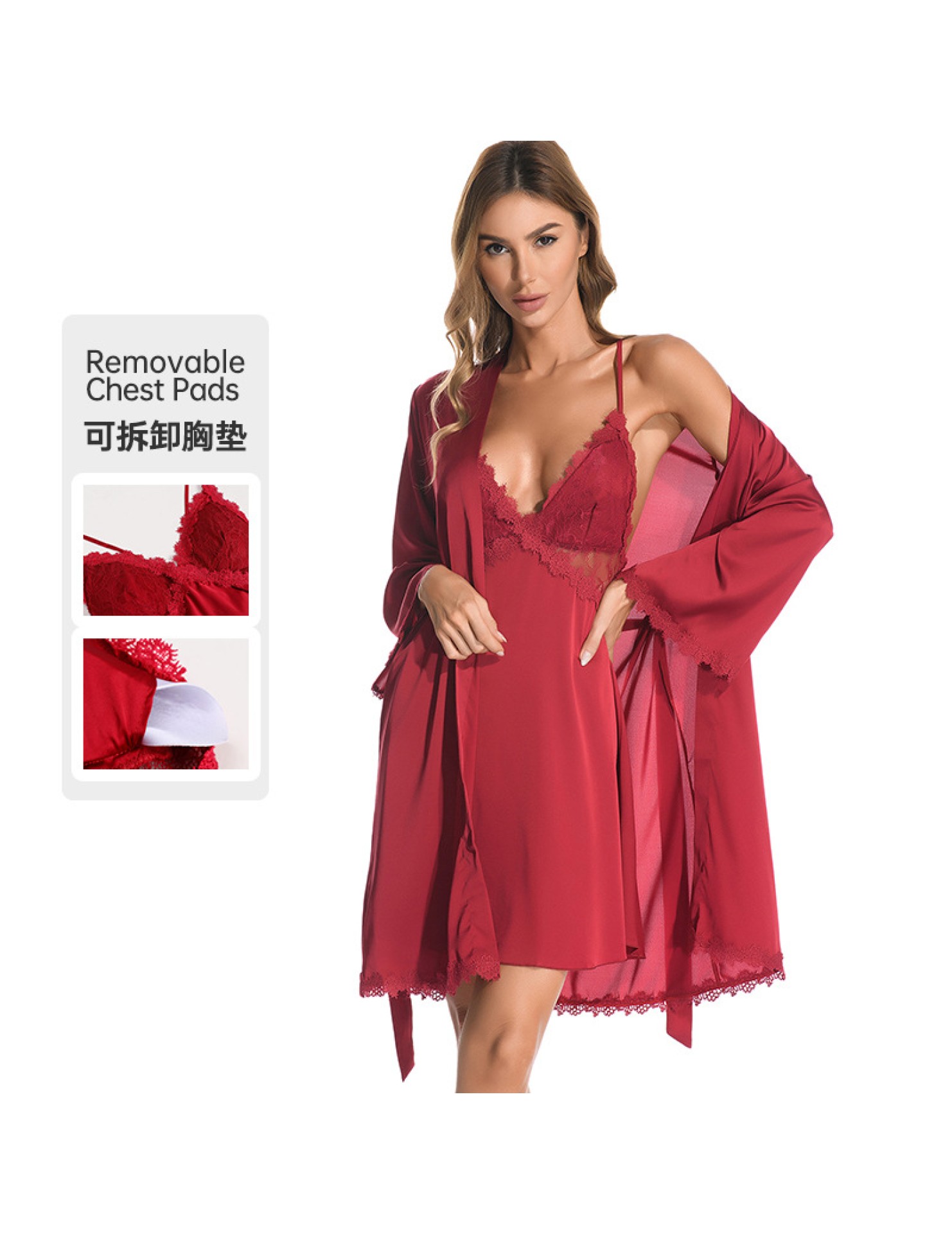 LCBN251225100245 春秋新款女士仿真絲綢吊帶睡裙蕾絲冰絲睡袍浴袍家居服套裝女