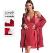 LCBN251225100245 春秋新款女士仿真絲綢吊帶睡裙蕾絲冰絲睡袍浴袍家居服套裝女