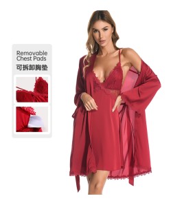 LCBN251225100245 春秋新款女士仿真絲綢吊帶睡裙蕾絲冰絲睡袍浴袍家居服套裝女