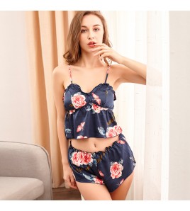 LCBN251225100251 印花冰絲性感睡衣女士夏露臍內衣超短吊帶睡裙短褲情趣套裝女