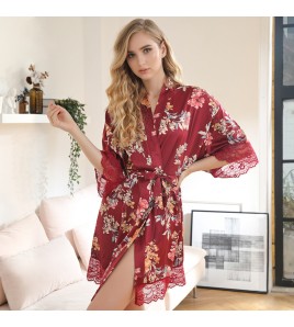LCBN251225100261 女士性感居家服飾新娘晨袍大碼仿真絲睡袍女紅色歐美印花浴袍