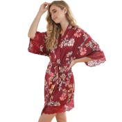 LCBN251225100261 女士性感居家服飾新娘晨袍大碼仿真絲睡袍女紅色歐美印花浴袍
