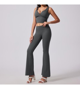 LYG100096深V領運動喇叭褲套裝