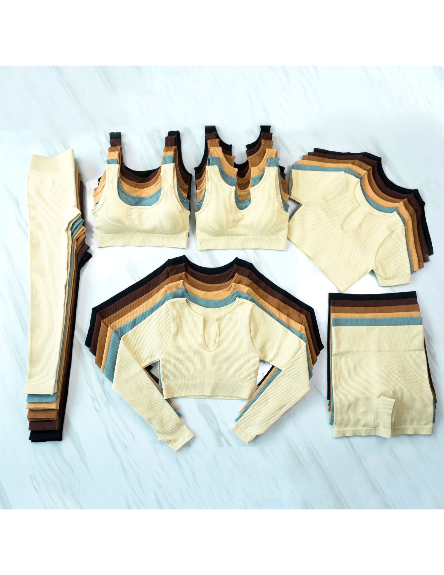 LYG100242-6件套瑜伽套裝 (全套裝備包括V領背心、U領背心、短袖運動T恤、長袖運動T恤、短褲和長褲)