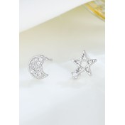 LDR24334 S925純銀簡約星星月亮不對稱耳環