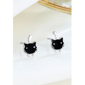 LDR24335 S925純銀滴釉可愛黑色貓咪耳環