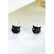 LDR24335 S925純銀滴釉可愛黑色貓咪耳環