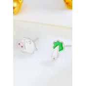LDR24337 S925純銀滴釉可愛白菜小豬不對稱耳環