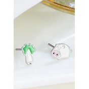 LDR24337 S925純銀滴釉可愛白菜小豬不對稱耳環