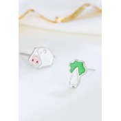 LDR24337 S925純銀滴釉可愛白菜小豬不對稱耳環
