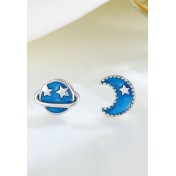 LDR24338 S925純銀藍色星球月亮不對稱耳環