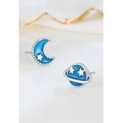 LDR24338 S925純銀藍色星球月亮不對稱耳環