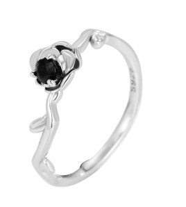 LDR24352 S925純銀黑鑽玫瑰花開口戒指