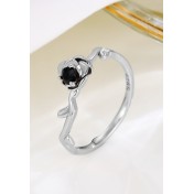 LDR24352 S925純銀黑鑽玫瑰花開口戒指