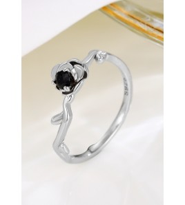 LDR24352 S925純銀黑鑽玫瑰花開口戒指