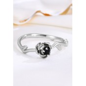 LDR24352 S925純銀黑鑽玫瑰花開口戒指