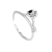 LDR24363 S925純銀黑鑽花朵開口戒指