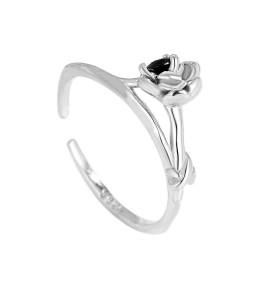 LDR24363 S925純銀黑鑽花朵開口戒指