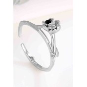 LDR24363 S925純銀黑鑽花朵開口戒指